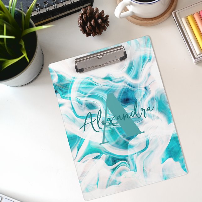 Teal White Abstract Liquid Marble Monogram Clipboard (Creator Uploaded)