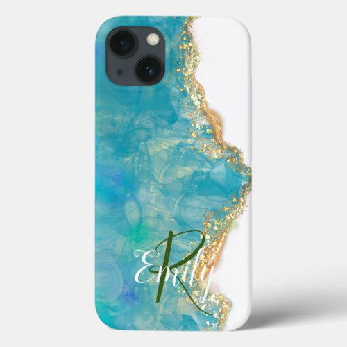 Teal  White Agate Marble Abstract Name Monogram iPhone 13 Case