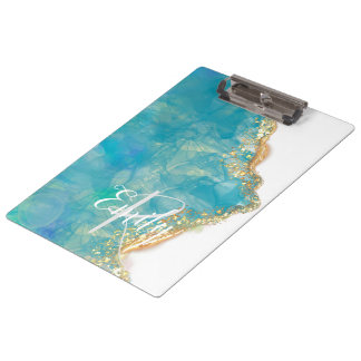 Teal & White Agate Marble Abstract Name Monogram Clipboard