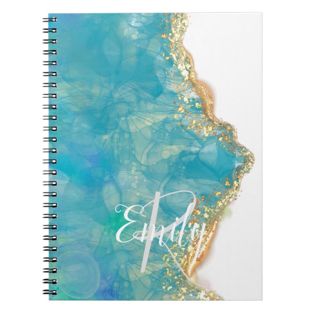 Teal & White Agate Marble Abstract Name Monogram Notebook (Front)