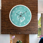 Teal White Anchor Beach House Custom Family Name  Clock<br><div class="desc">Unique nautical wall clock in teal and white with anchor print. Personalize with family name and  established year.</div>