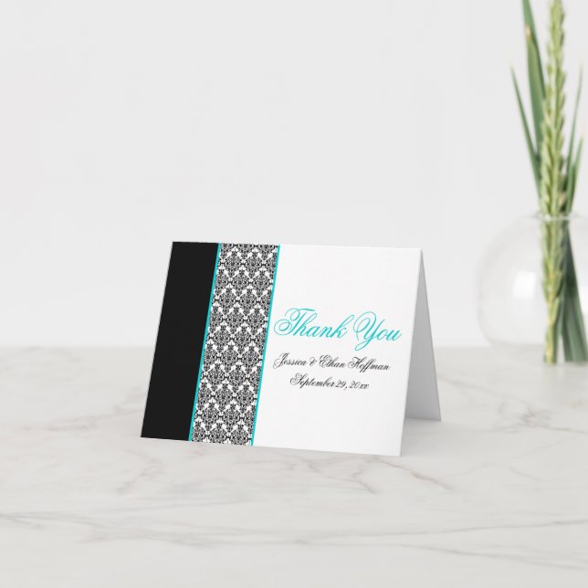 Teal, White, and Black Damask Thank You Card (Front)