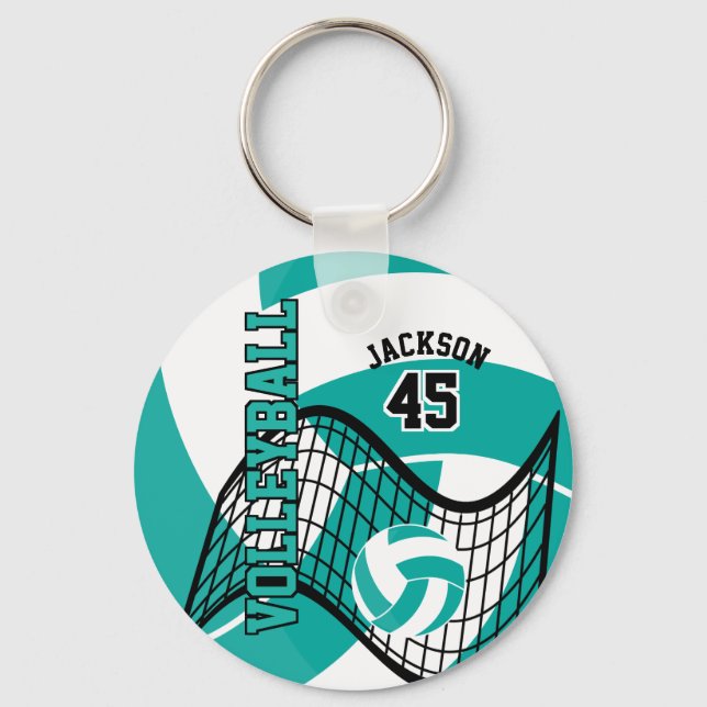 Teal, White and Black Volleyball Design Keychain (Front)