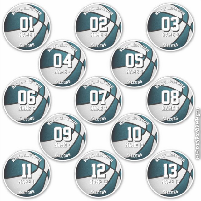 teal white basketball 13 team members names sticker (Front)