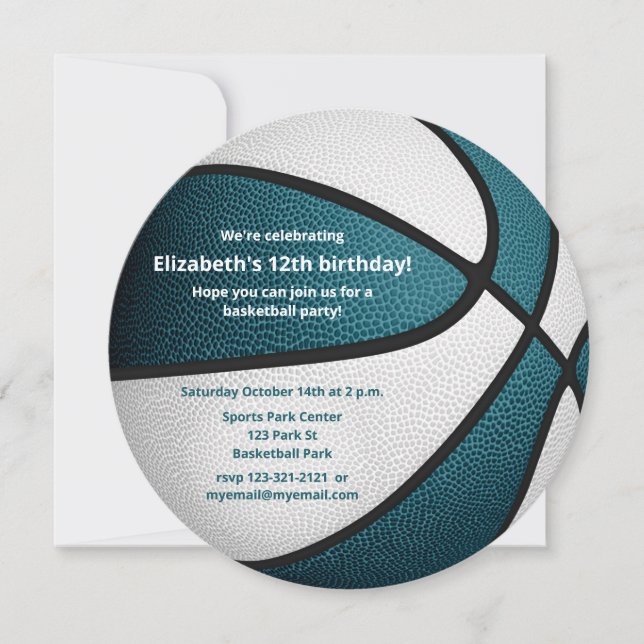teal white basketball birthday party announcement (Front)