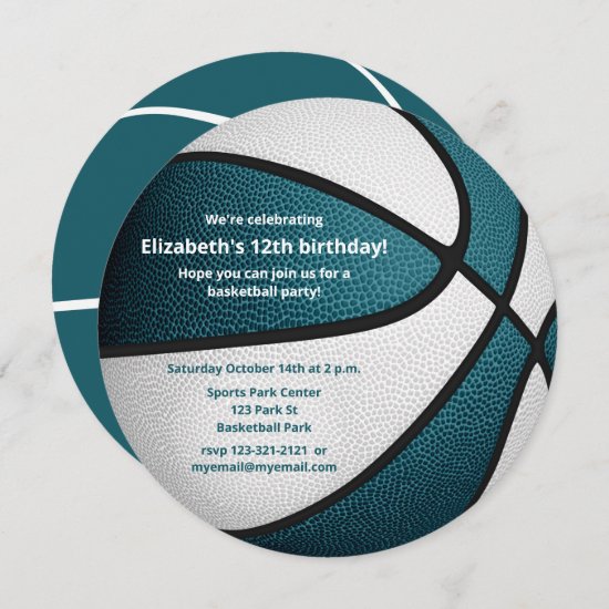 teal white basketball birthday party announcement