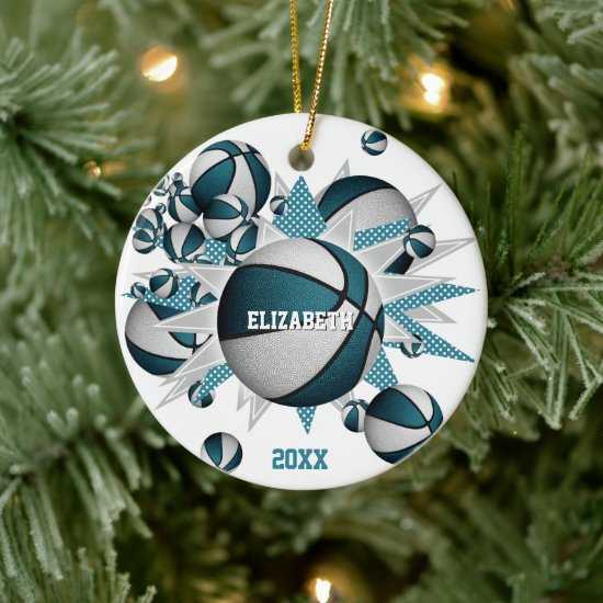 teal white basketball blowout girls sports ceramic ornament