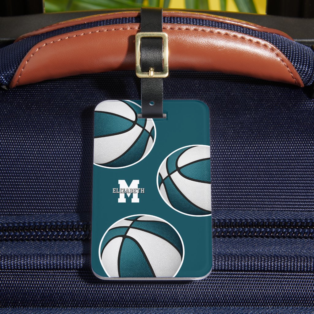 teal white basketball sports team colors luggage tag