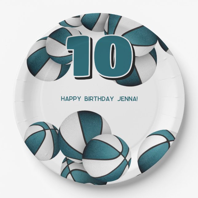 teal white basketballs girls boys sports party paper plates (Front)