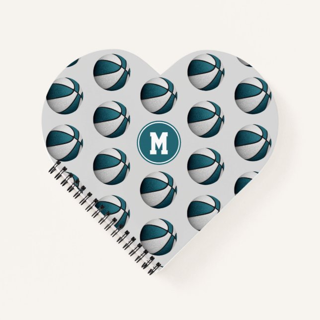 teal white basketballs pattern girl's heart shaped notebook (Front)
