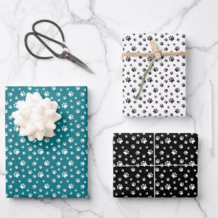 TEAL WHITE BLACK DOG CAT PET PAW PRINTS WRAPPING PAPER SHEETS