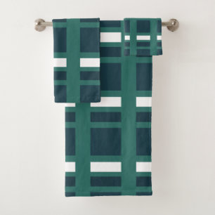 Teal White Blue Modern Plaid Check Bath Towel Set
