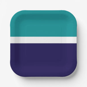 Teal White Blue Plain Color Block Design Paper Plates