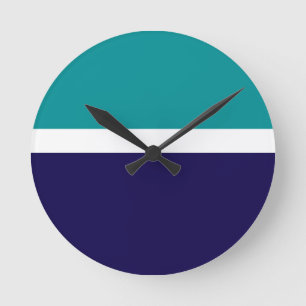 Teal White Blue Plain Color Block Design  Round Clock