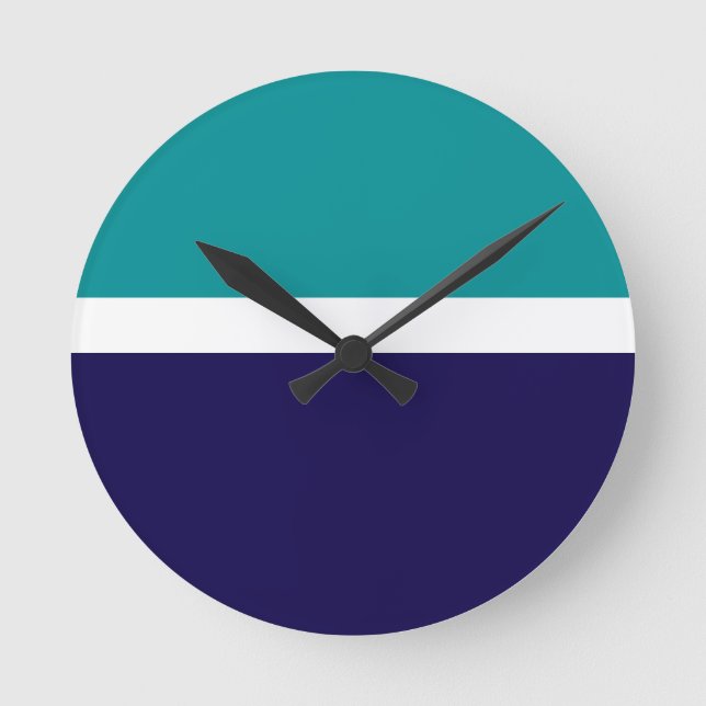 Teal White Blue Plain Color Block Design  Round Clock (Front)