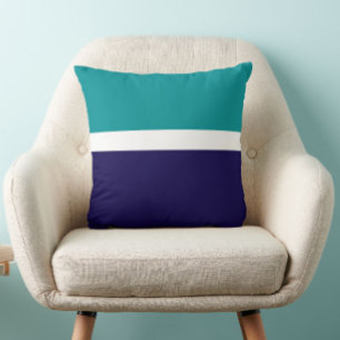 Teal White Blue Plain Color Block Design Throw Pillow