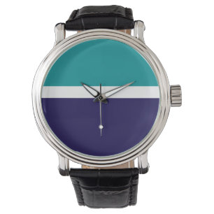 Teal White Blue Plain Color Block Design Watch