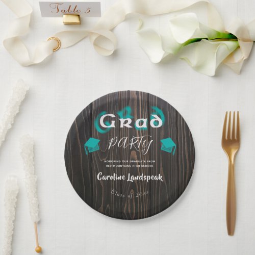 Teal  White Blurred Typography Graduation Party Paper Plates