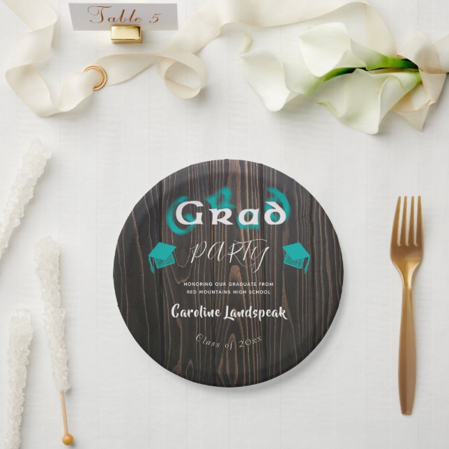 Teal & White Blurred Typography Graduation Party Paper Plates (Wedding)