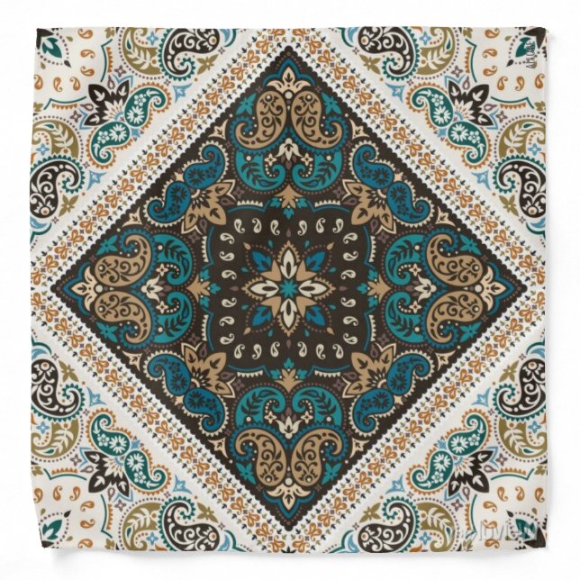 Teal White Boho Paisley Bandana (Front)