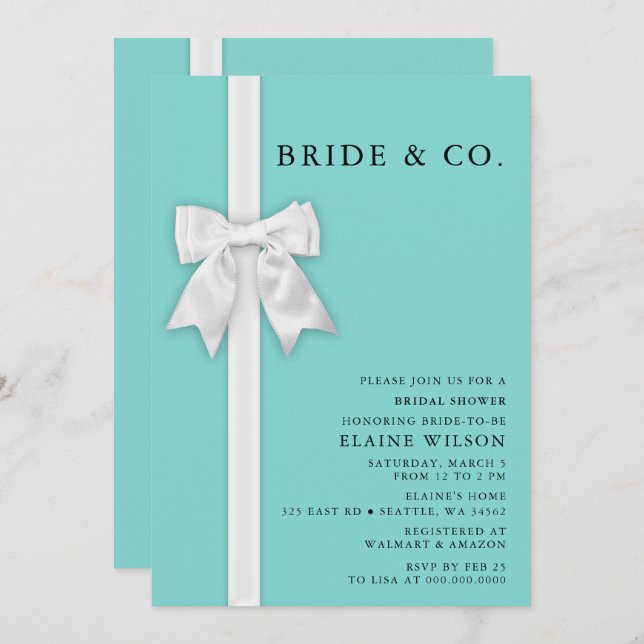 Teal White Bow Ribbon Cute Modern Bridal Shower  Invitation (Front/Back)