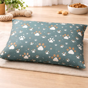 Teal White Brown Paw Print Pattern Pet Bed