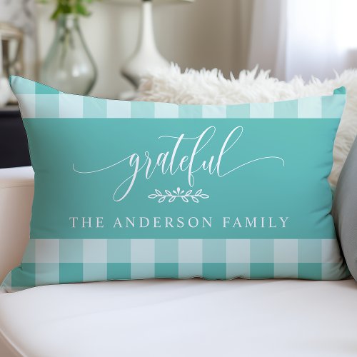 Teal &Amp;Amp; White Buffalo Check Grateful Personalized Lumbar Pillow