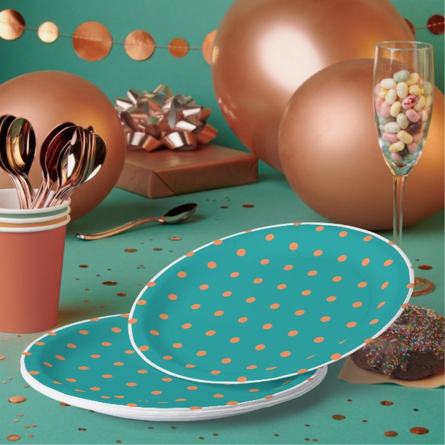 Teal White Burnt Orange Polka Dots  Paper Plates (Multi)