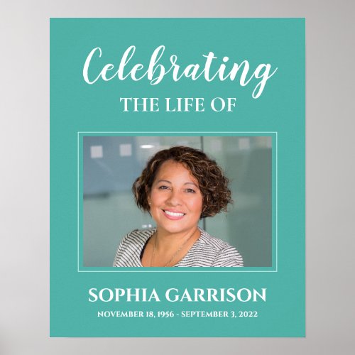 Teal White Celebration Of Life with Photo Funeral Poster