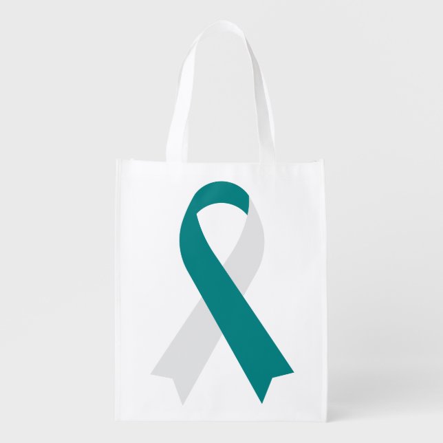 Teal & White Cervical Cancer Awareness Ribbon Grocery Bag (Front)