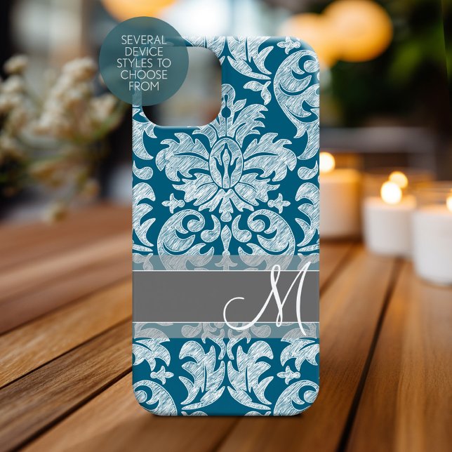 Teal White Chalkboard Damask Pattern Case-Mate iPhone Case (Personalized Phone Case with Monogram)