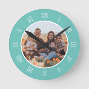 Teal White Charming Roman Numbers Custom Photo Round Clock