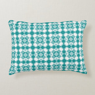 Teal White Checker Argyle Pattern Accent Pillow