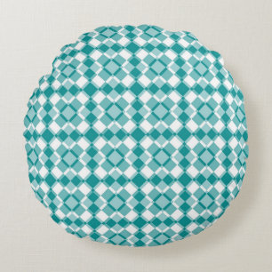 Teal White Checker Argyle Pattern Round Pillow