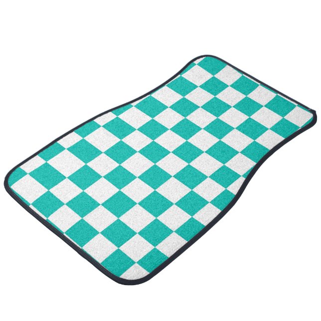 Teal White Checker Board Pattern Car Floor Mat (Angled)