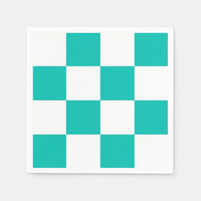 Teal White Checker Board Pattern Paper Napkins (Front)