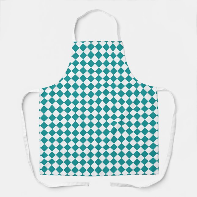 Teal White Checker Diamond Pattern Apron (Front)