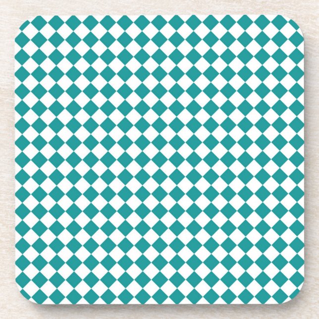 Teal White Checker Diamond Pattern Beverage Coaster (Front)
