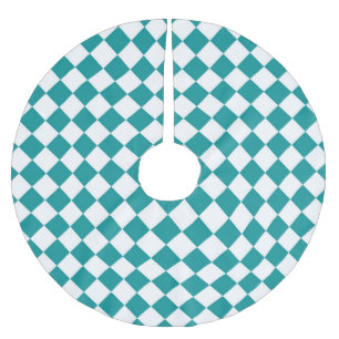 Teal White Checker Diamond Pattern Brushed Polyester Tree Skirt