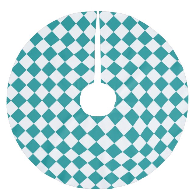 Teal White Checker Diamond Pattern Brushed Polyester Tree Skirt (Front)