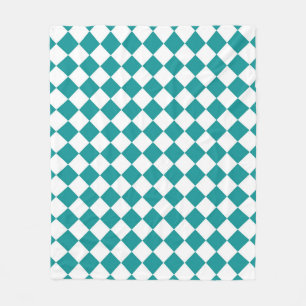 Teal White Checker Diamond Pattern Fleece Blanket