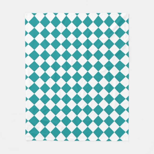 Teal White Checker Diamond Pattern Fleece Blanket (Front)