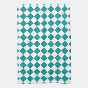 Teal White Checker Diamond Pattern Kitchen Towel
