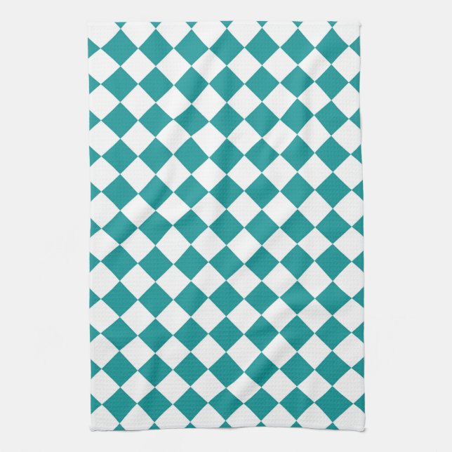 Teal White Checker Diamond Pattern Kitchen Towel (Vertical)