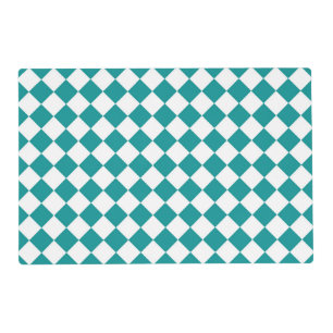 Teal White Checker Diamond Pattern Laminated Placemat
