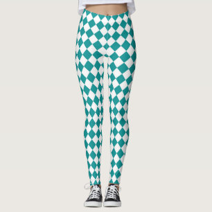 Teal White Checker Diamond Pattern Leggings
