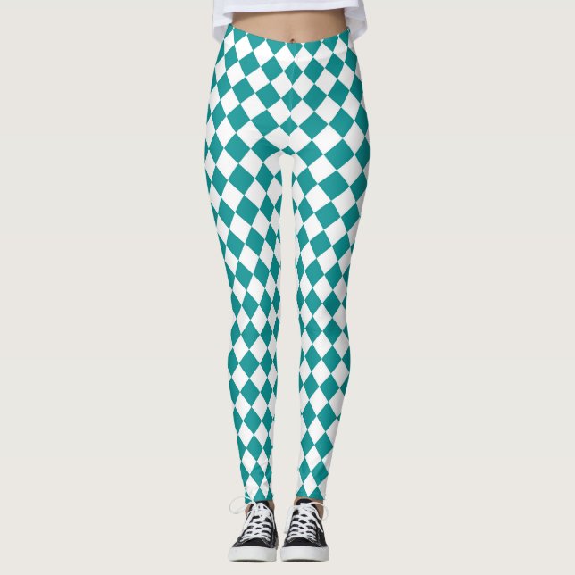 Teal White Checker Diamond Pattern Leggings (Front)