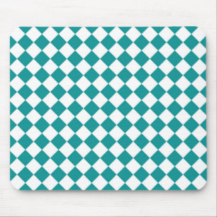 Teal White Checker Diamond Pattern Mouse Pad