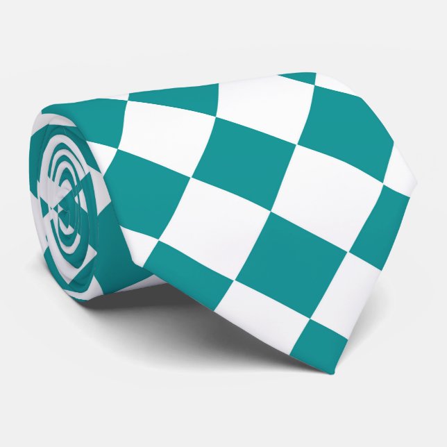 Teal White Checker Diamond Pattern Neck Tie (Rolled)