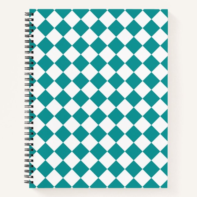 Teal White Checker Diamond Pattern Notebook (Front)